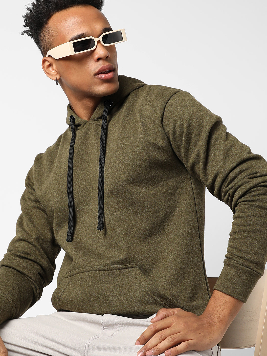 Cotton Solid Olive Green Full Sleeve Sweatshirt With Hoodie Regular Relaxed