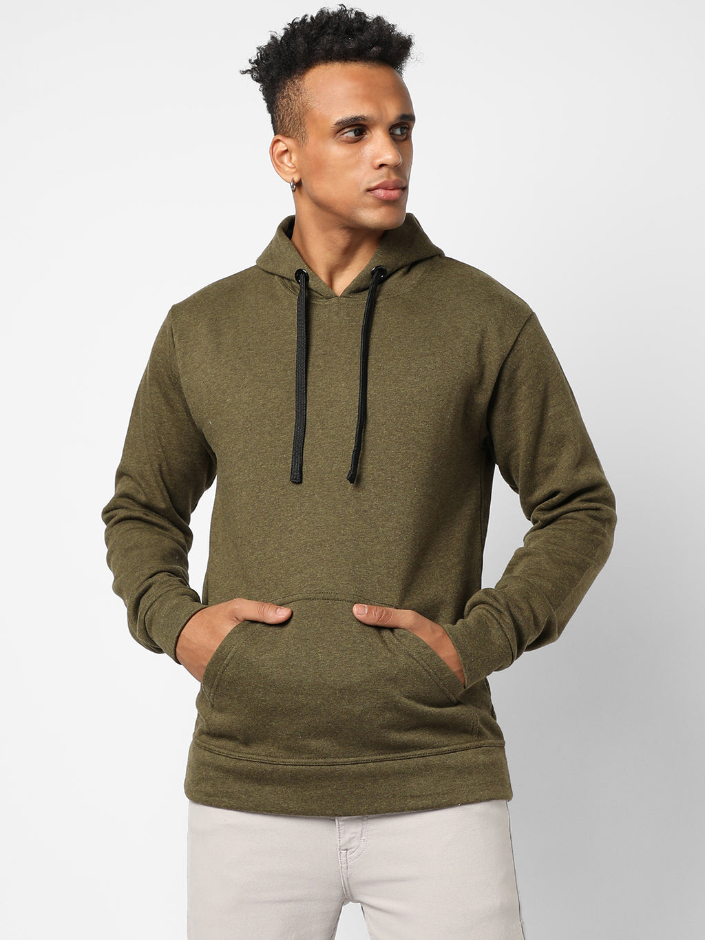 Cotton Solid Olive Green Full Sleeve Sweatshirt With Hoodie Regular Relaxed