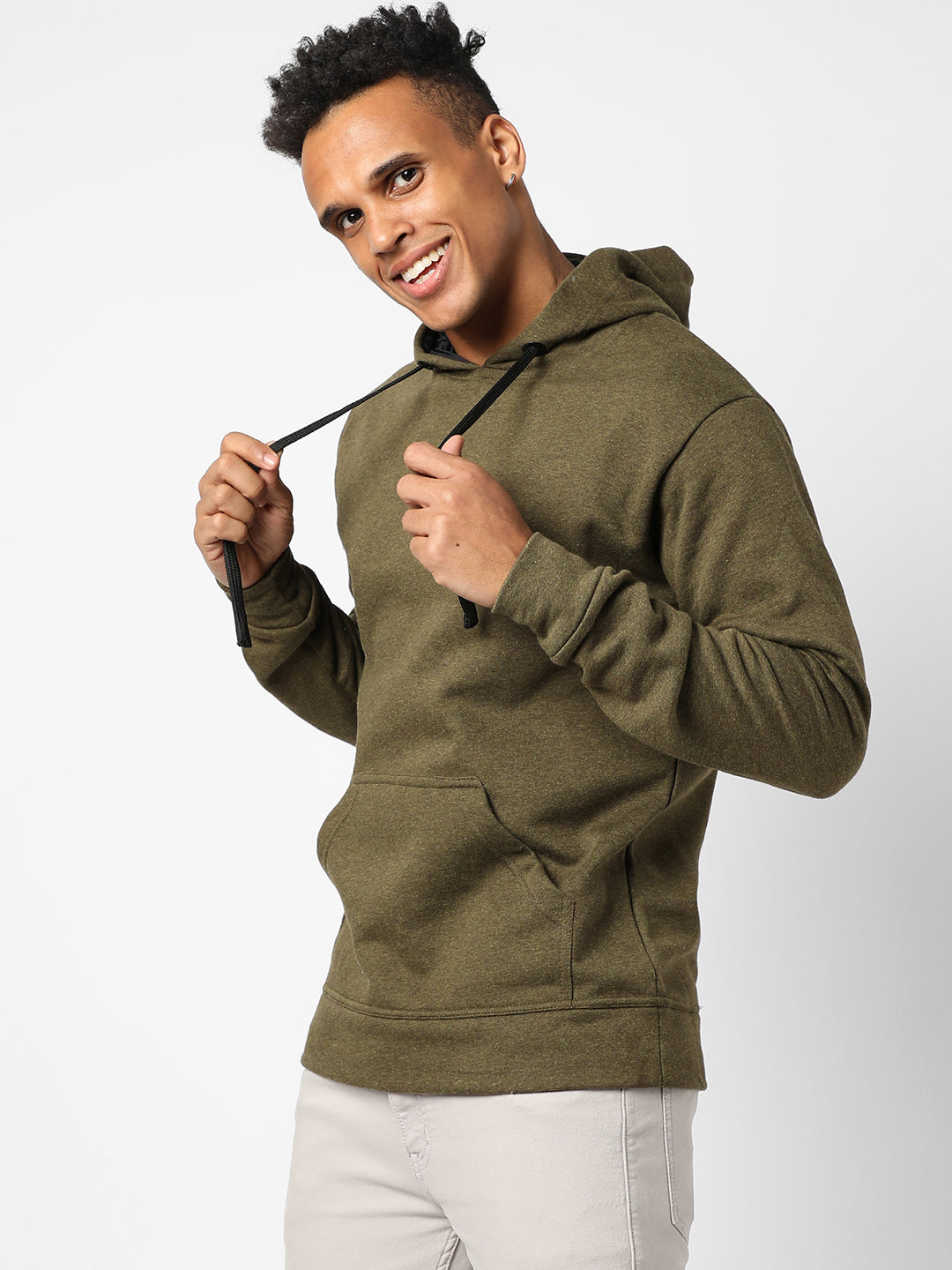 Cotton Solid Olive Green Full Sleeve Sweatshirt With Hoodie Regular Relaxed