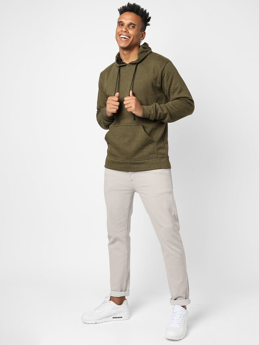 Cotton Solid Olive Green Full Sleeve Sweatshirt With Hoodie Regular Relaxed