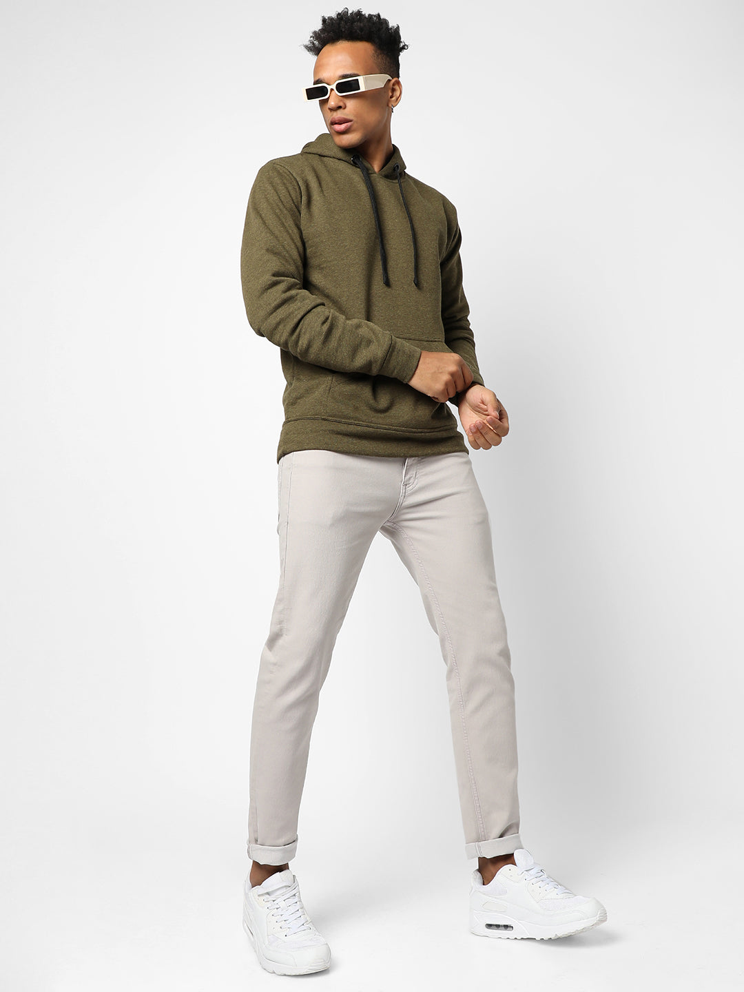 Cotton Solid Olive Green Full Sleeve Sweatshirt With Hoodie Regular Relaxed