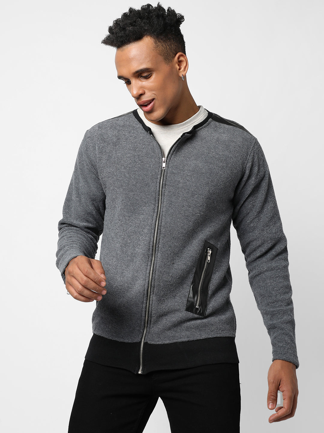 Cotton Solid Charcoal Grey Zip Through Jacket With Zip Pocket Regular Fir