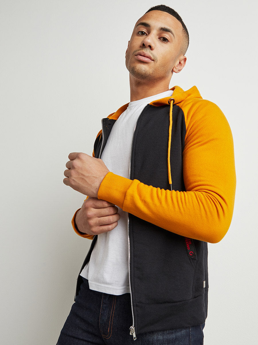 Mustard Black Hooded Zipper Sweatshirt