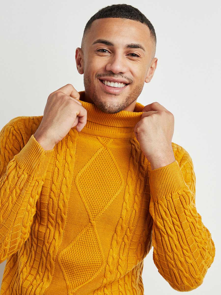 Campus Sutra Men s Mustard Yellow Relaxed Cable Knit Pullover Sweater Campussutra