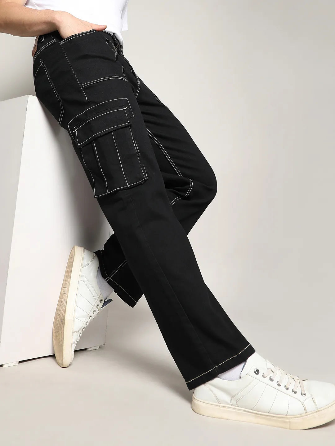 Contrast Stitched Cargo Denim Jeans