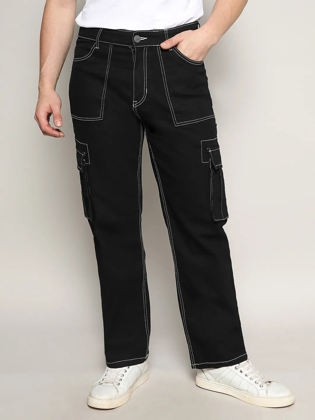 Contrast Stitched Cargo Denim Jeans