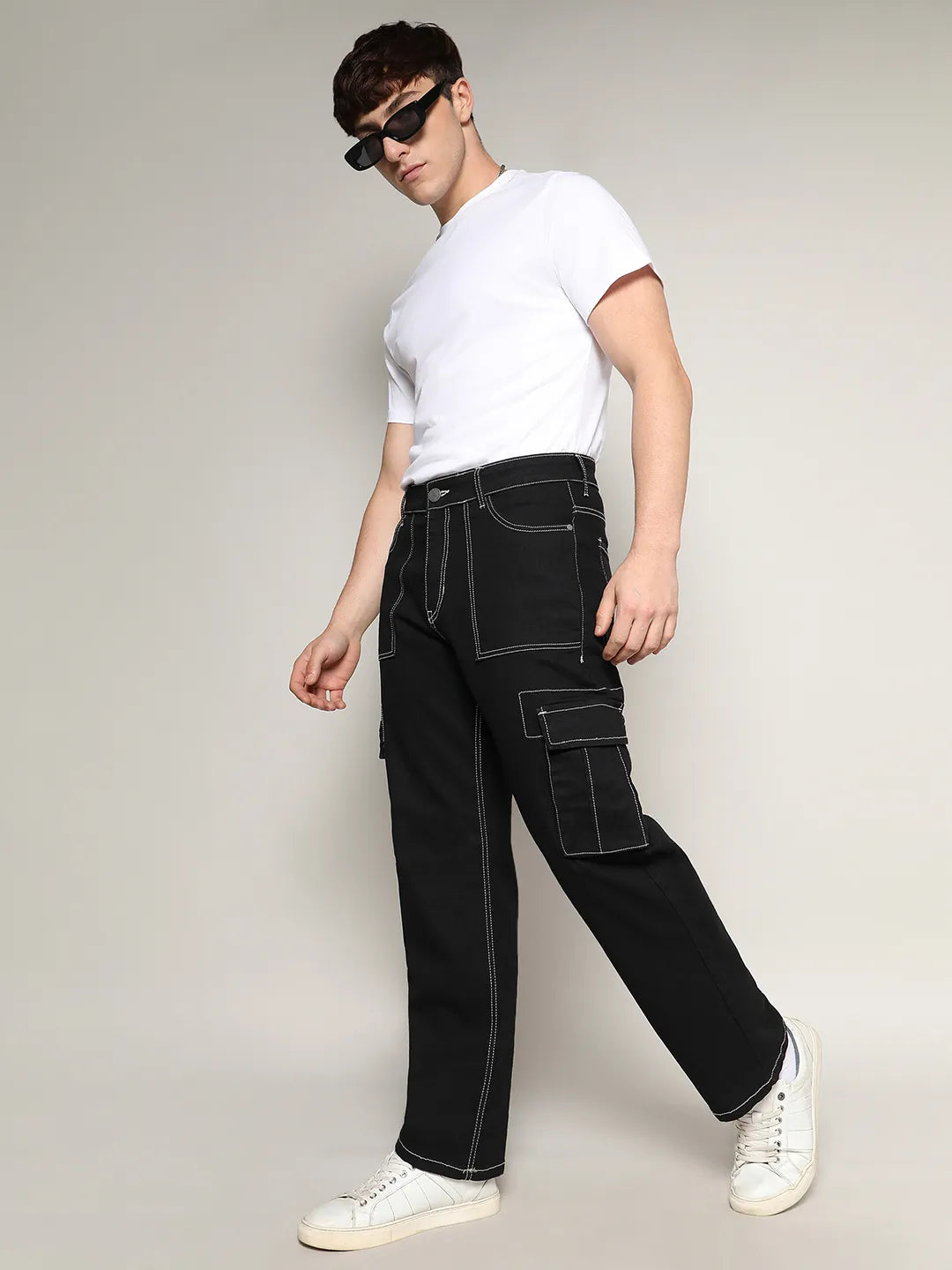 Contrast Stitched Cargo Denim Jeans