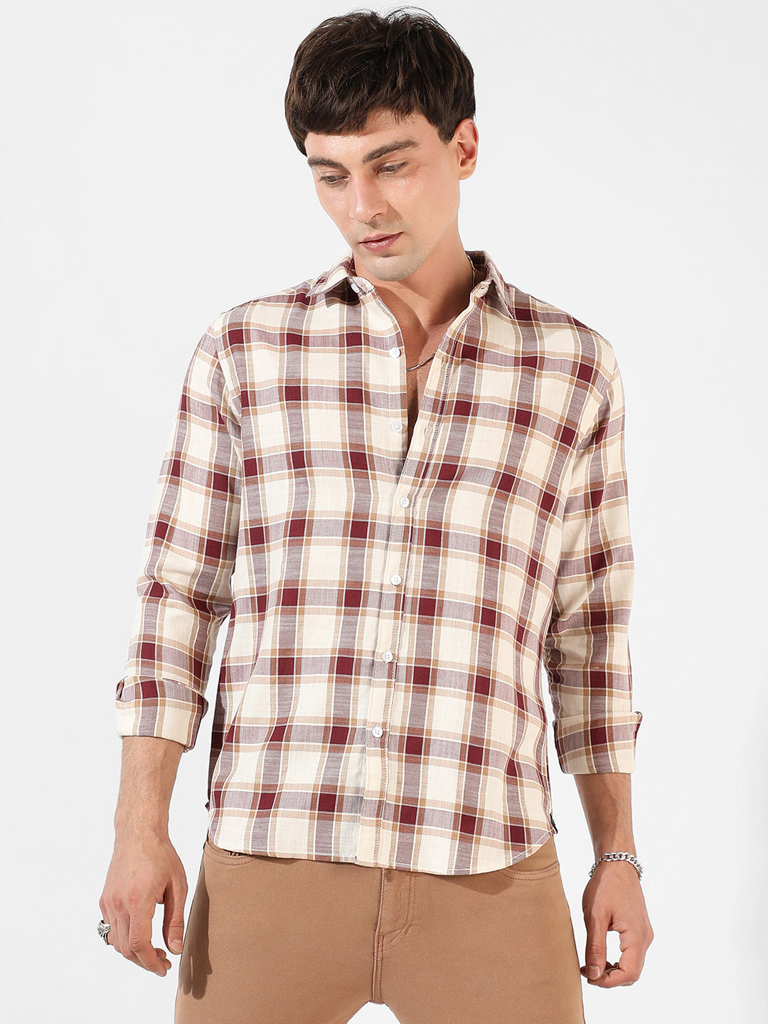 Maroon & White Checks Print Shirt