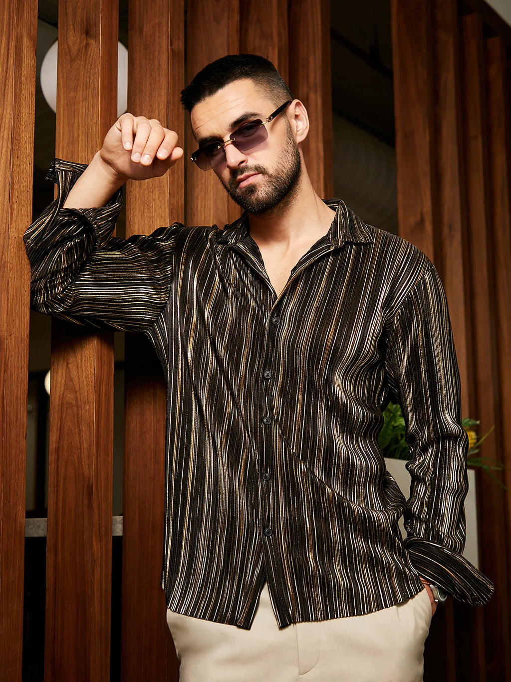 899 | Campus Sutra men's Jet Black & Metallic Gold Pleat-Creased Shirt - Campussutra 899 | Campus Sutra men's Jet Black & Metallic Gold Pleat-Creased Shirt - Campussutra