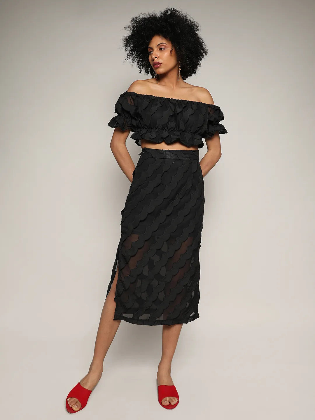 Sheer Self-Design Co-Ord Set With Slit