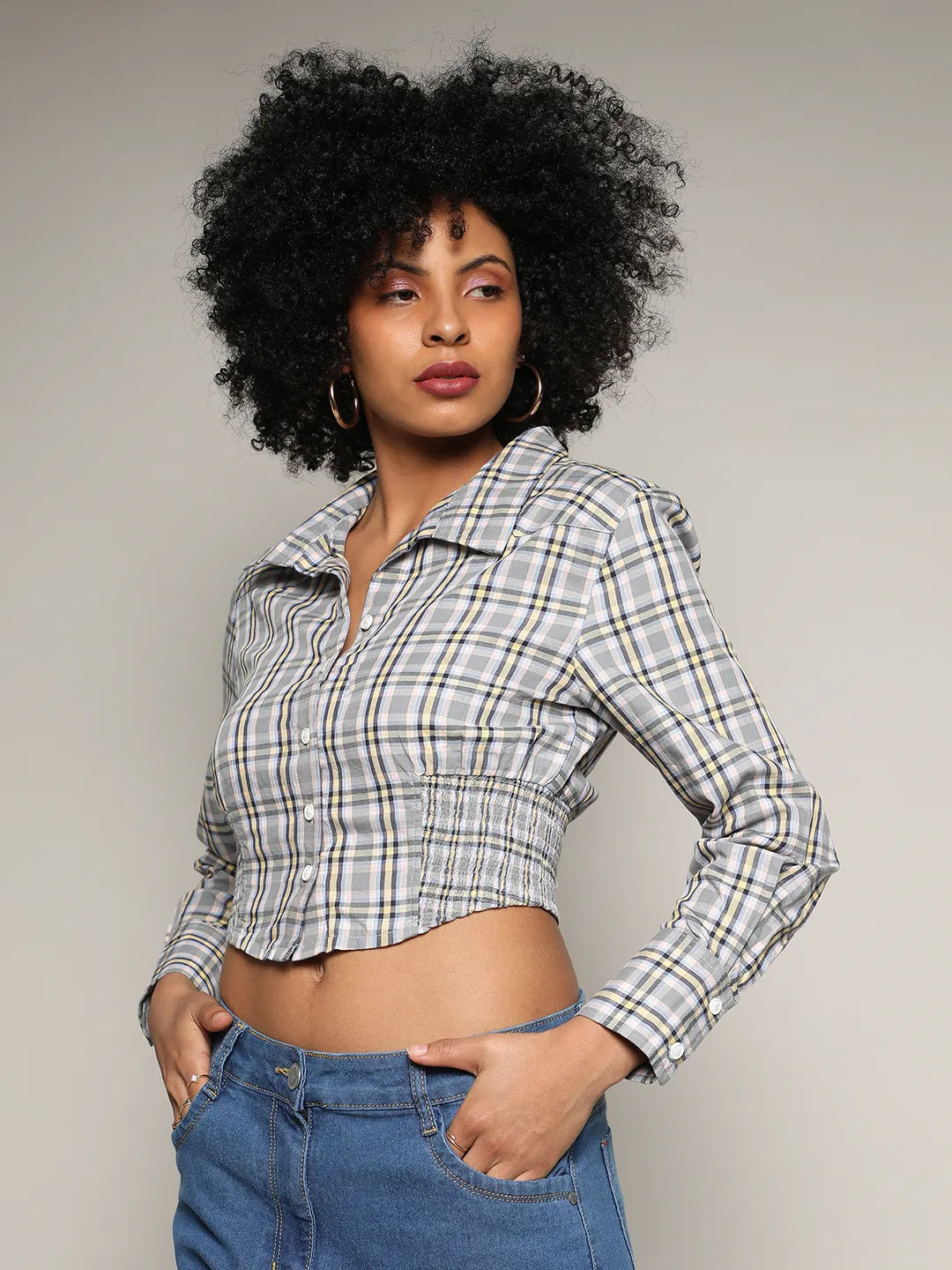 Tartan Plaid Cinched Cropped Shirt