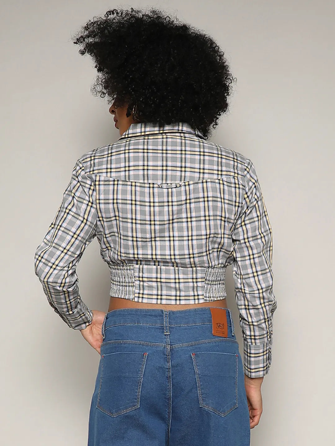 Tartan Plaid Cinched Cropped Shirt