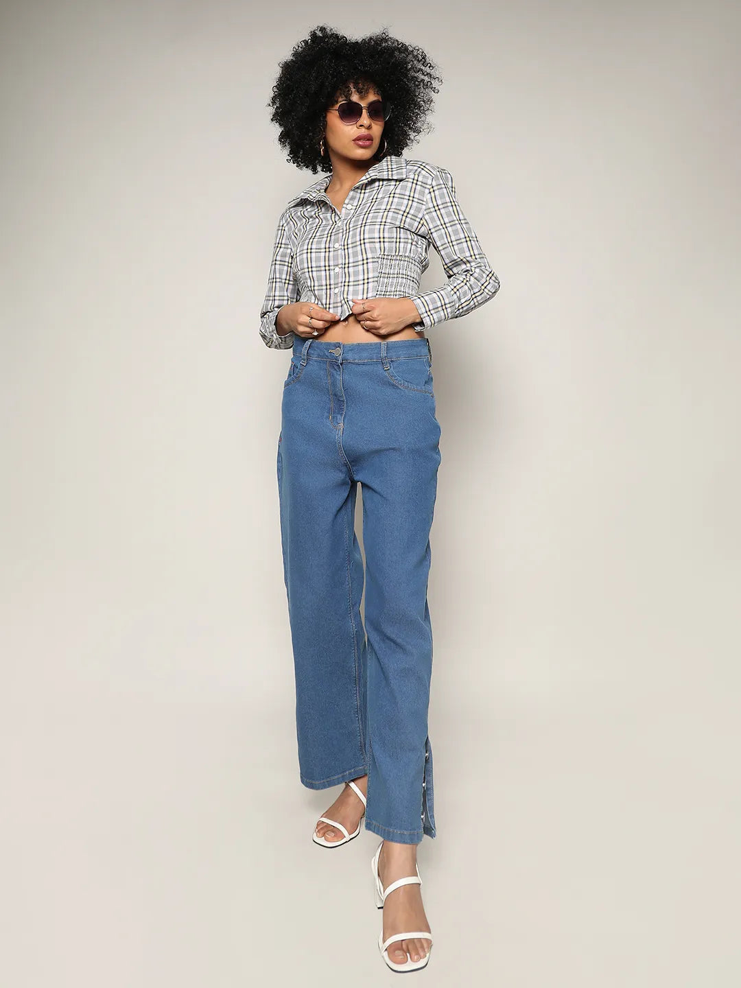 Tartan Plaid Cinched Cropped Shirt