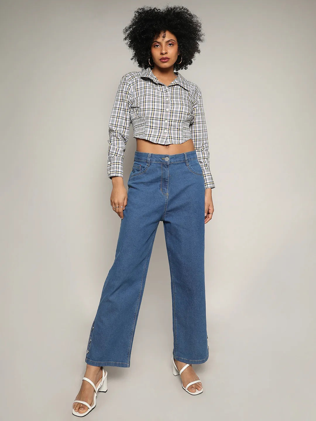 Tartan Plaid Cinched Cropped Shirt