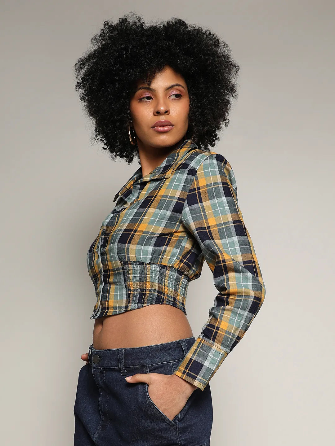 Tartan Plaid Cinched Cropped Shirt