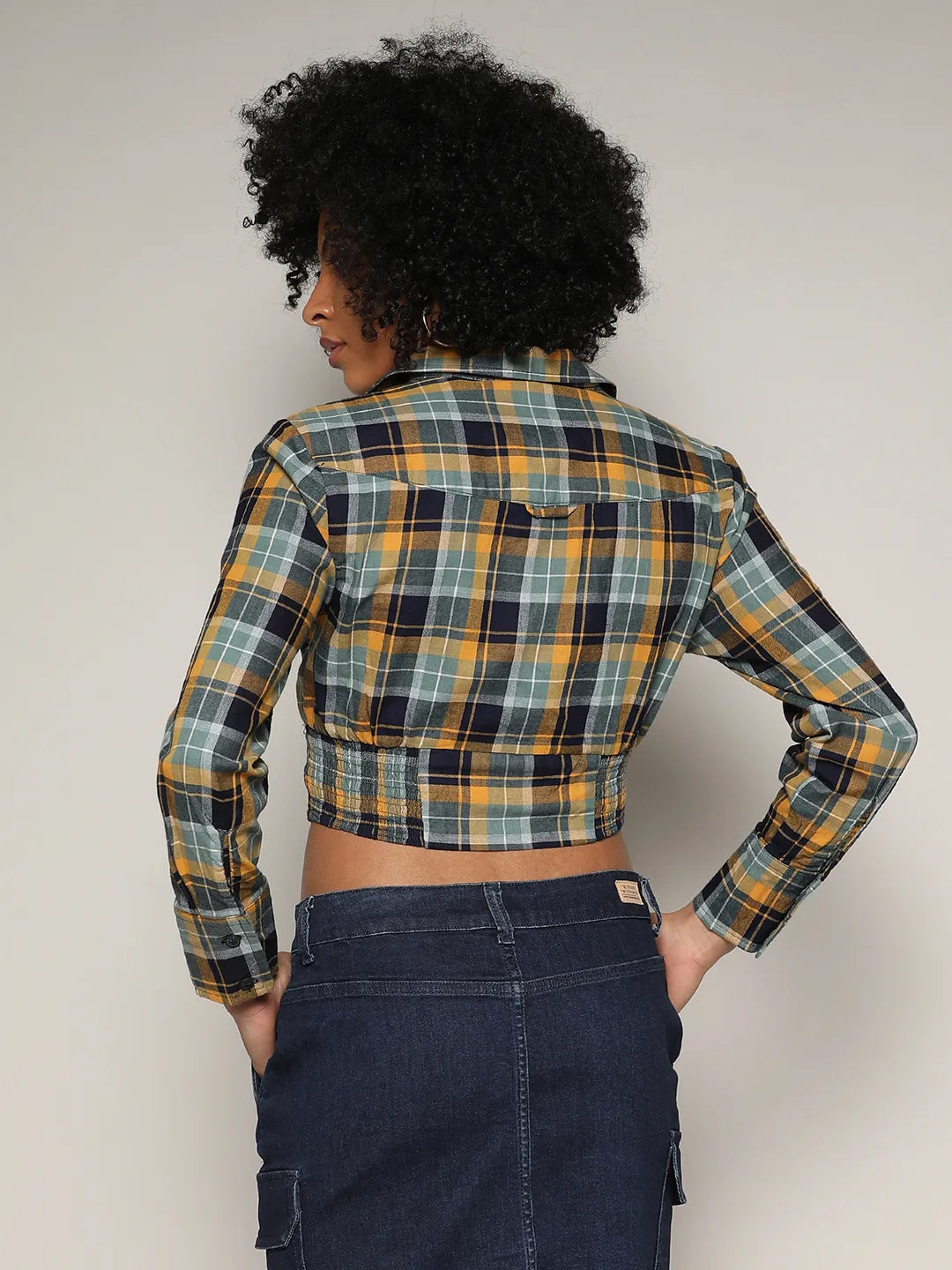 Tartan Plaid Cinched Cropped Shirt