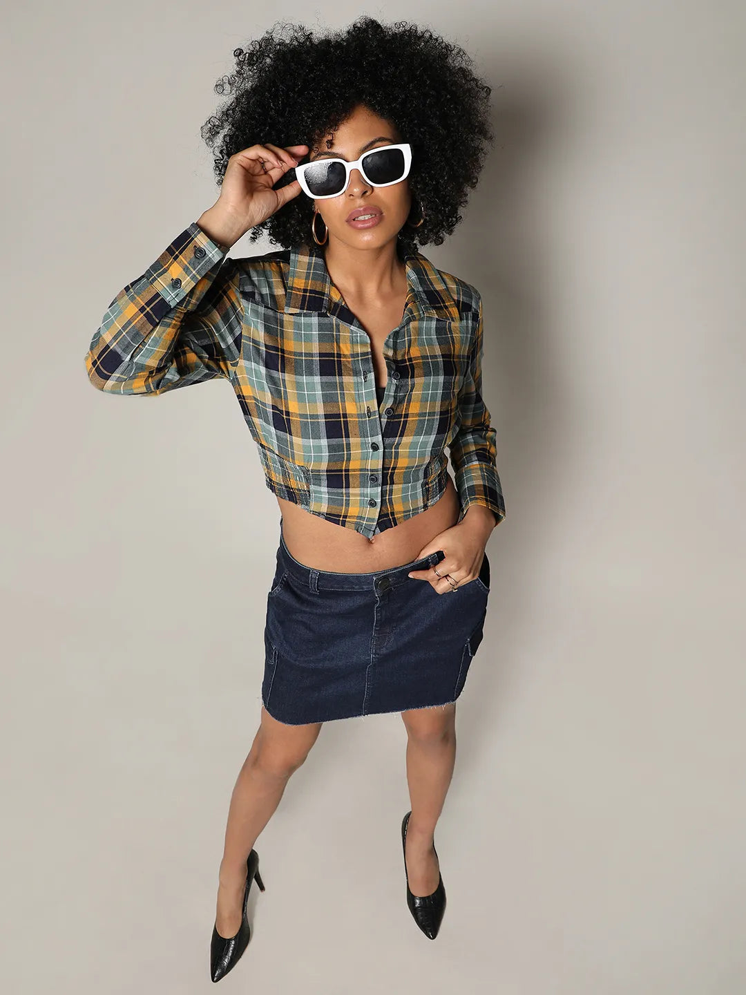 Tartan Plaid Cinched Cropped Shirt