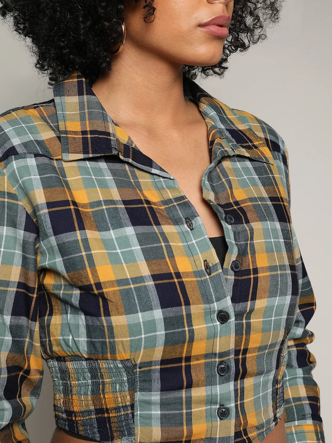 Tartan Plaid Cinched Cropped Shirt