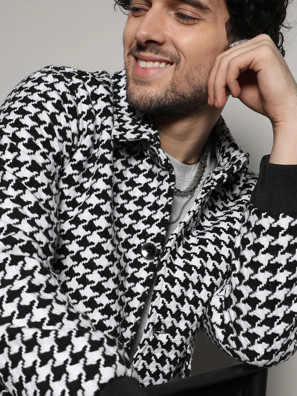 Carbon Black & Chalk White Houndstooth Denim Jacket
