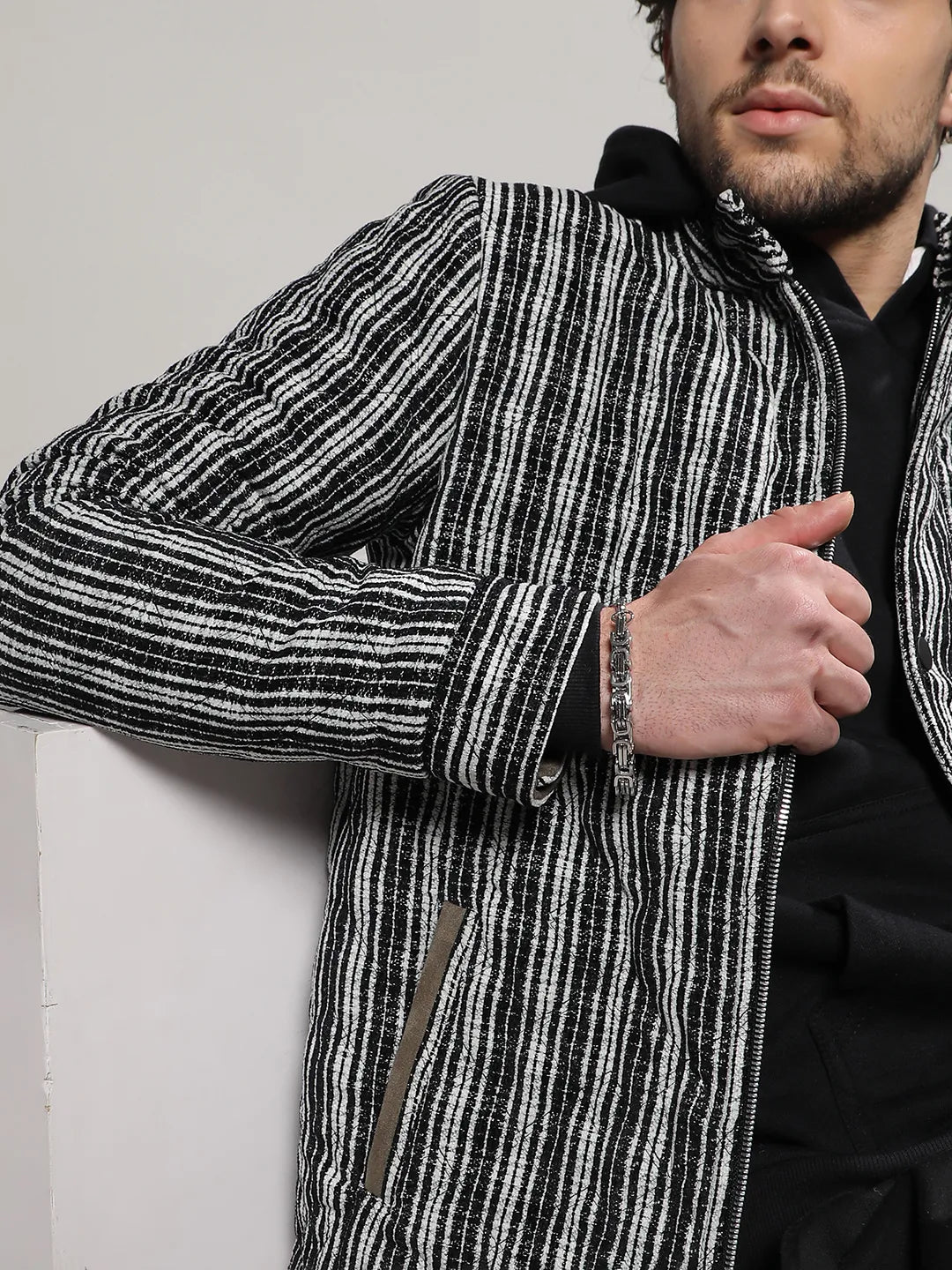Carbon Black & Chalk White Multitrack Striped Quilted Jacket