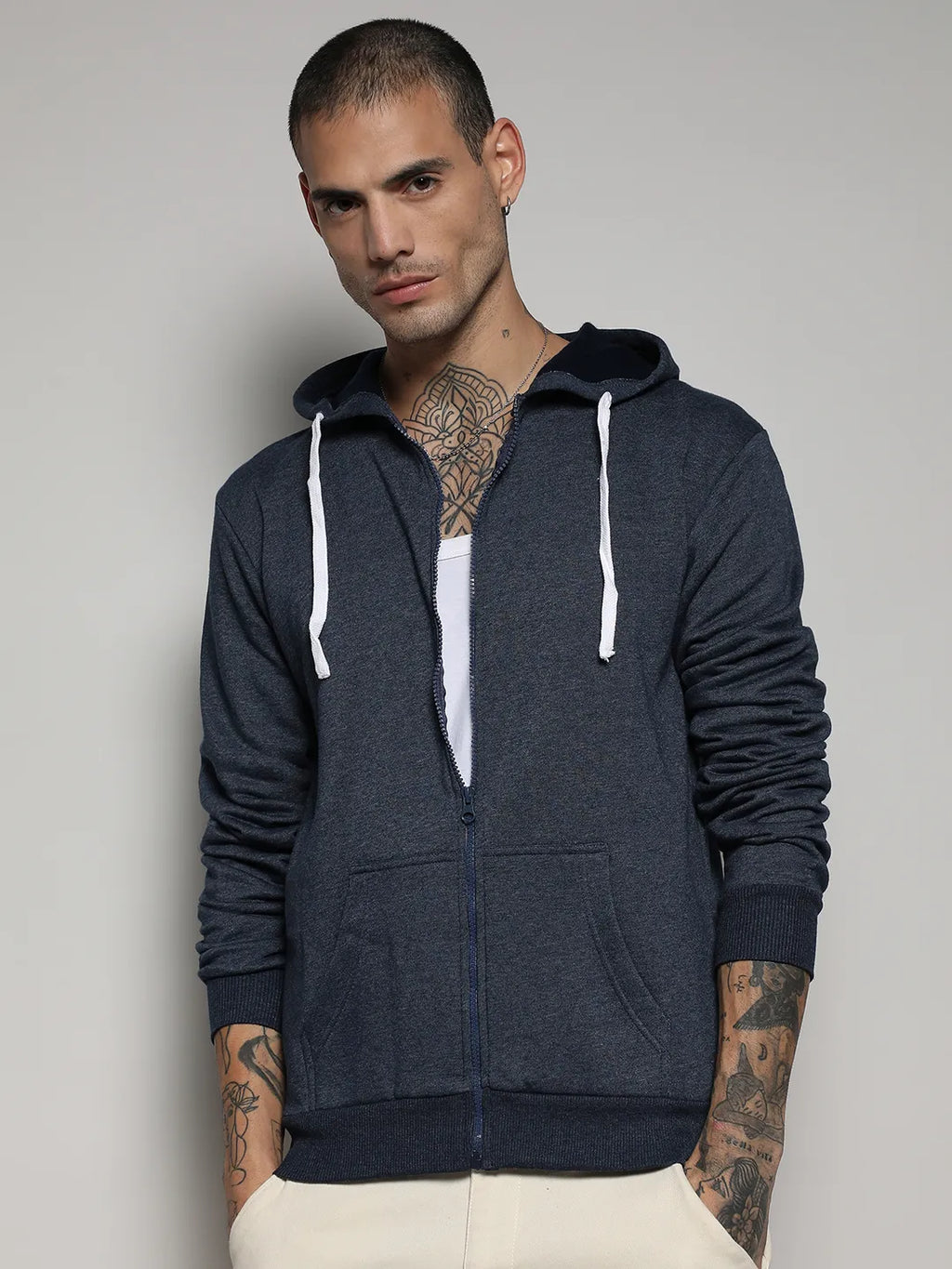 Zip-Front Hoodie With Contrast Drawstring