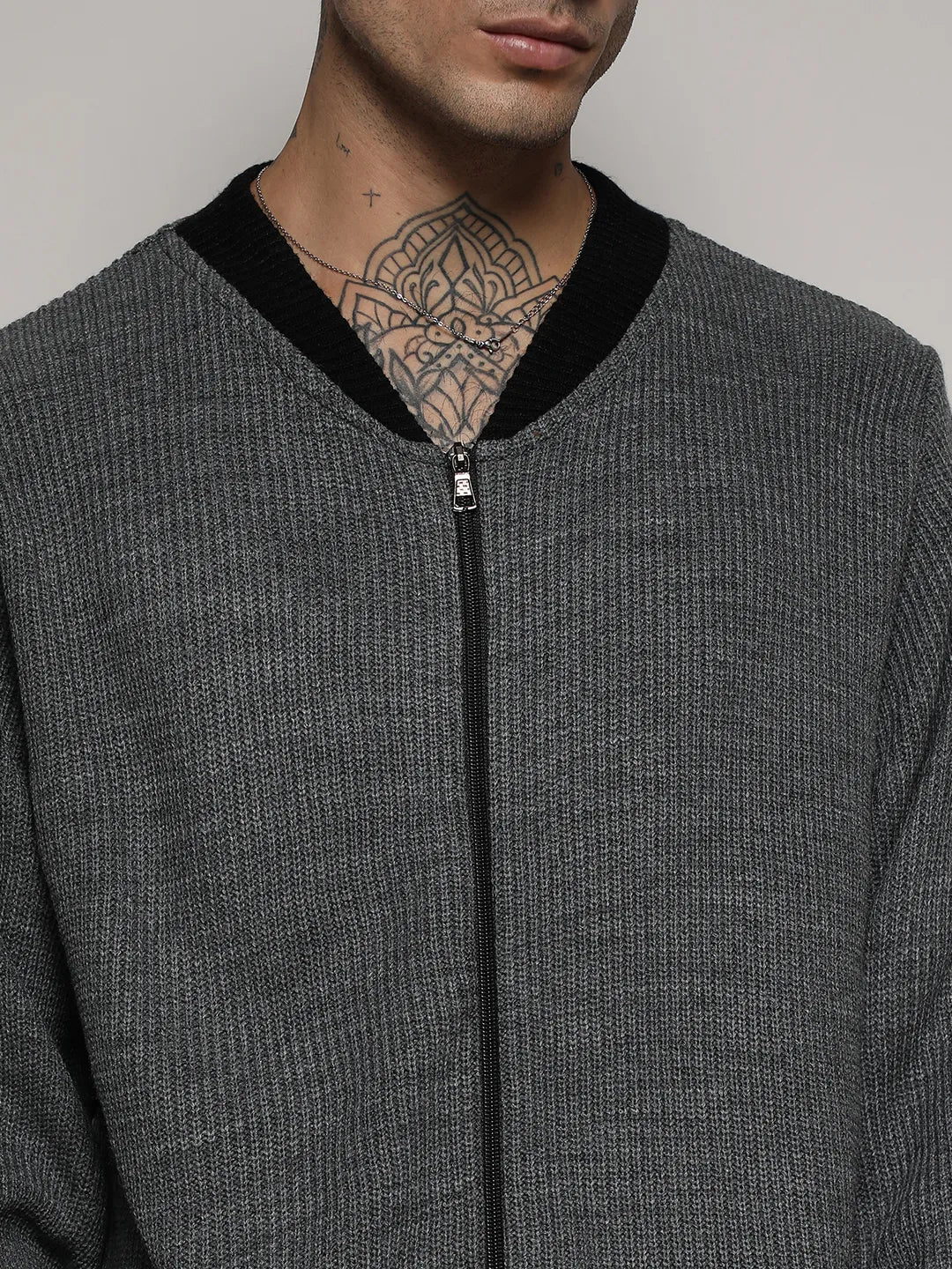 Dark Grey Zip-Front Sweater With Contrast Hem