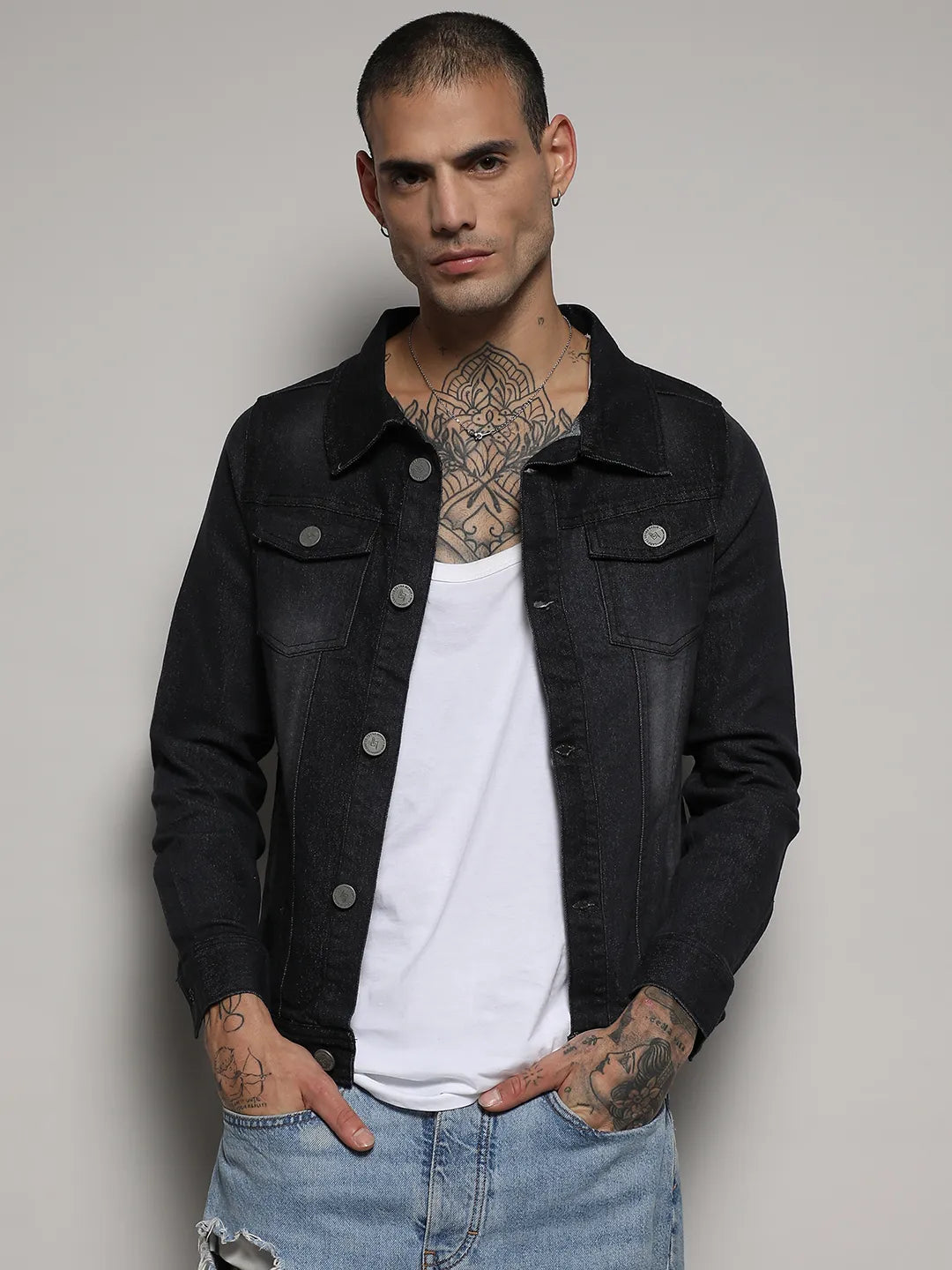 Dark-Wash Denim Jacket With Flap Pocket