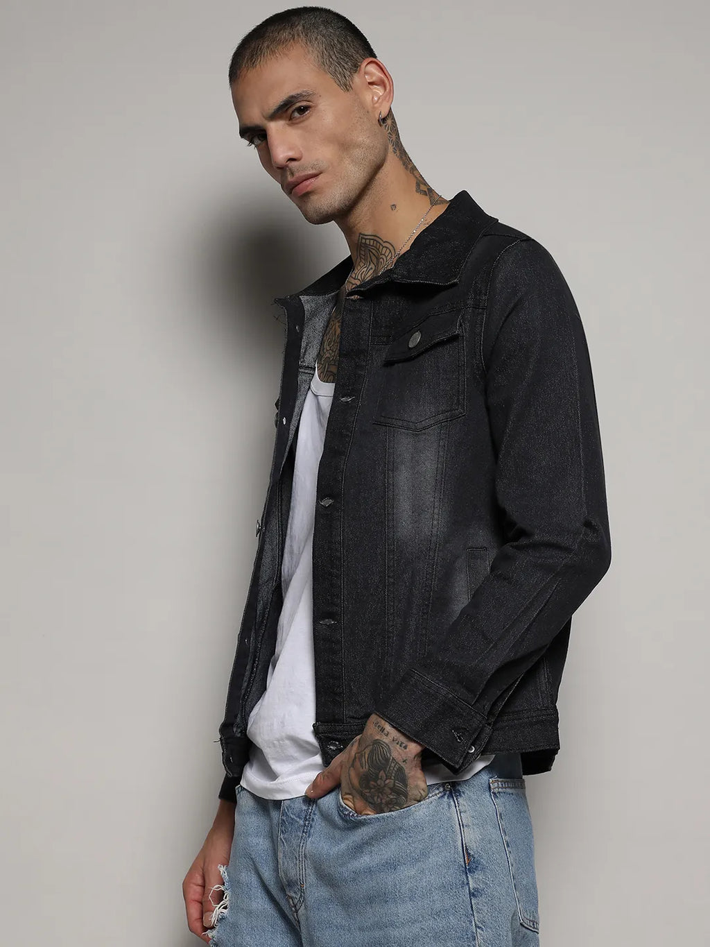 Dark-Wash Denim Jacket With Flap Pocket