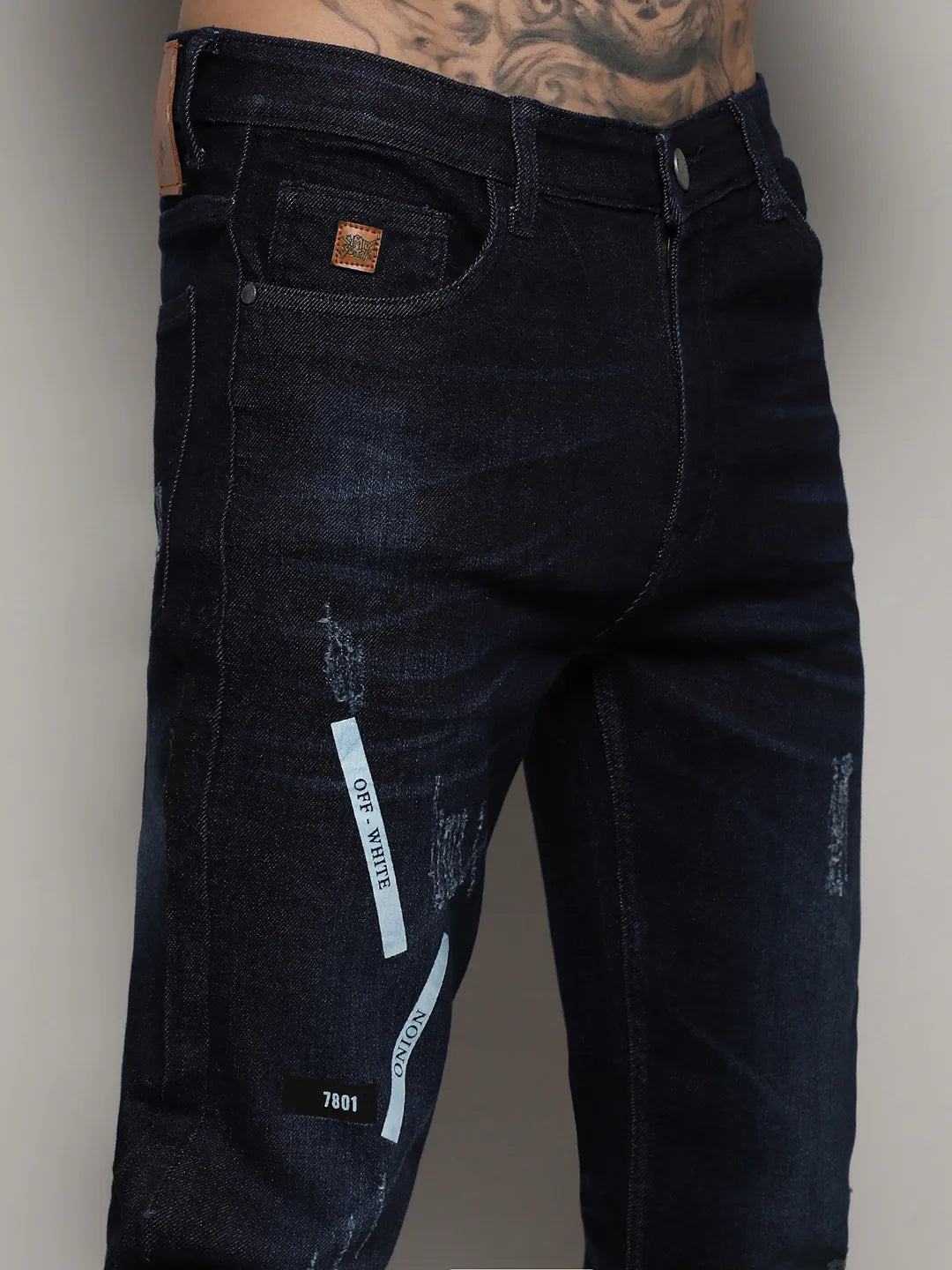 Dark-Wash Distressed Denim Jeans With Embroidered Details