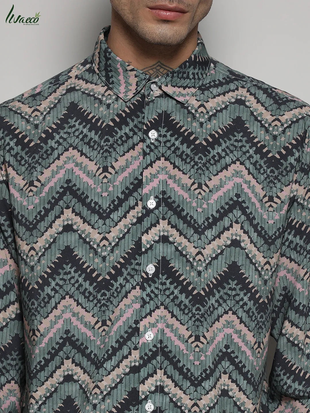 EcoLiva Olive Green Abstract Zig Zag Shirt