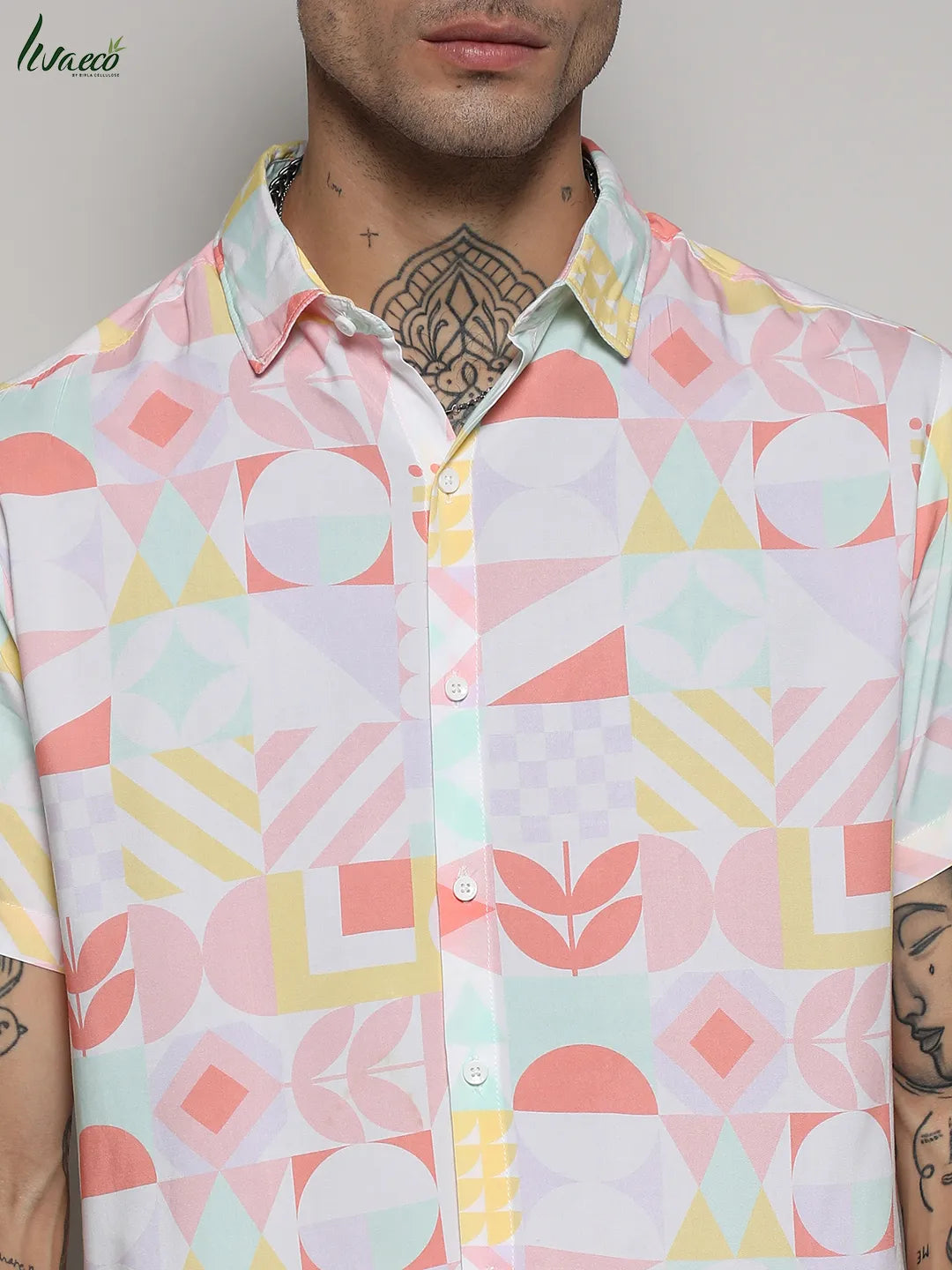 EcoLiva Peach Pink Geometric Floral Block Shirt