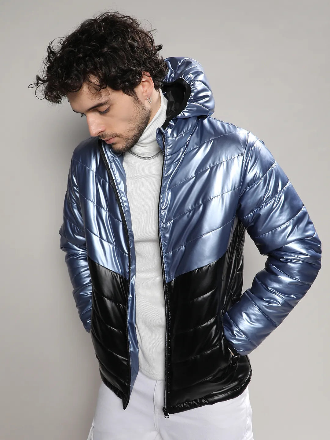 Campus Sutra Men s Electric Blue Carbon Black Metallic Quilted Puffer Jacket Campussutra