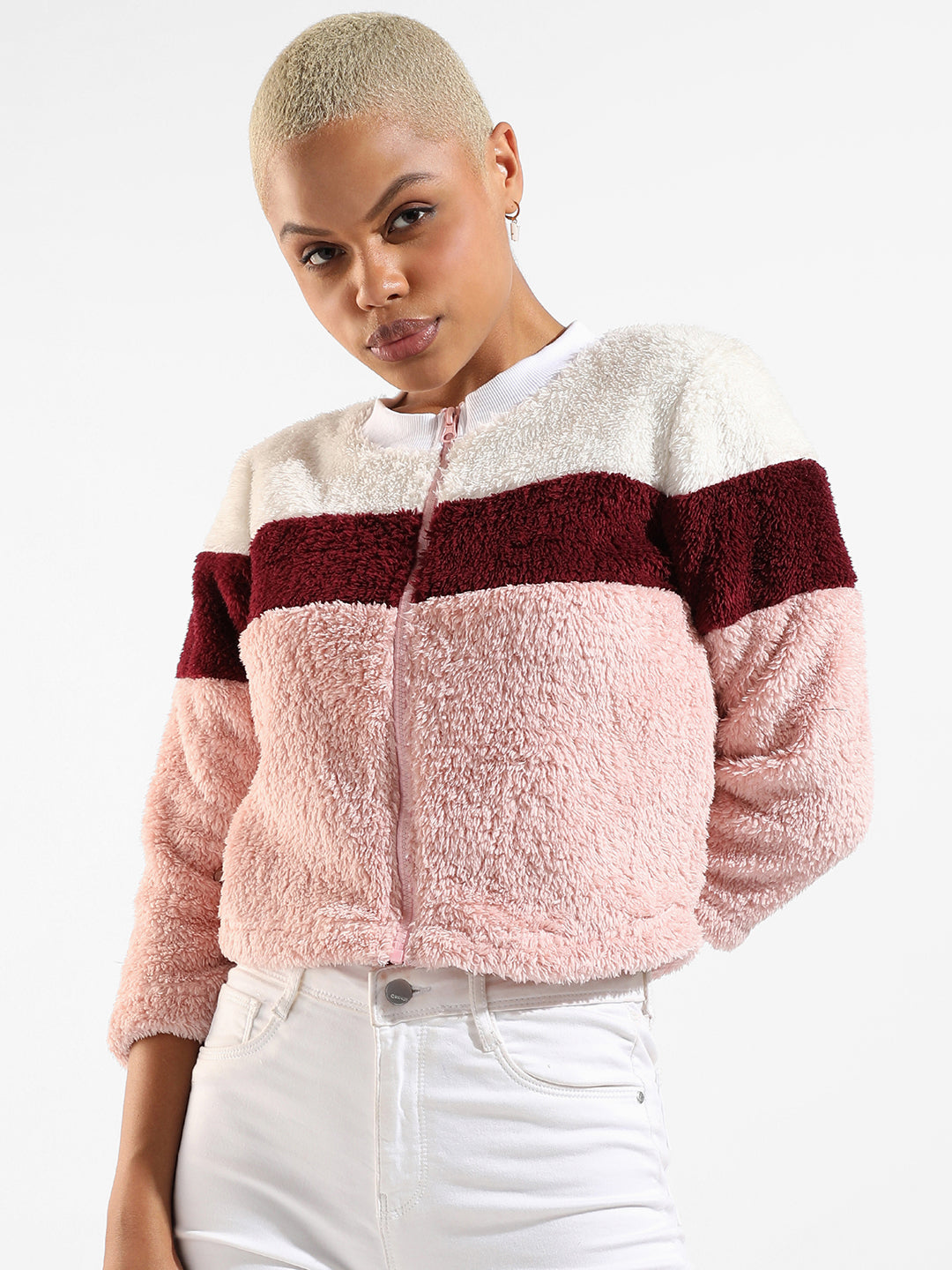 Cotton Pink Colour-Blocked Regular Fit Cropped Zipper Sweatshirt For Casual Wear