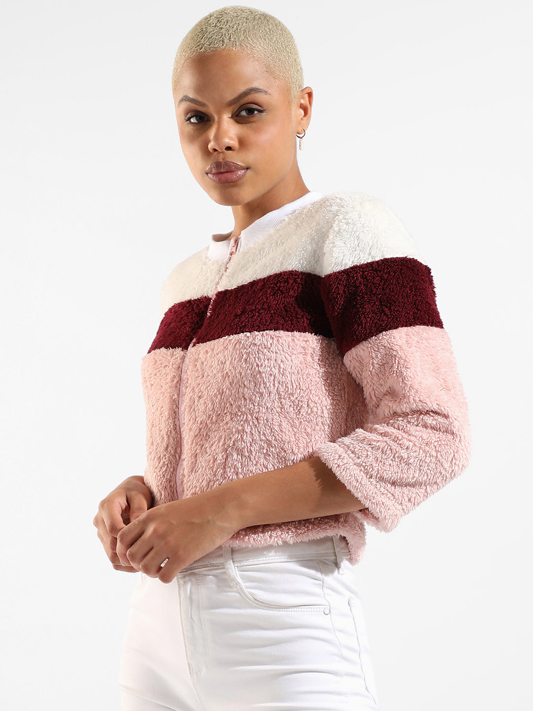 Cotton Pink Colour-Blocked Regular Fit Cropped Zipper Sweatshirt For Casual Wear