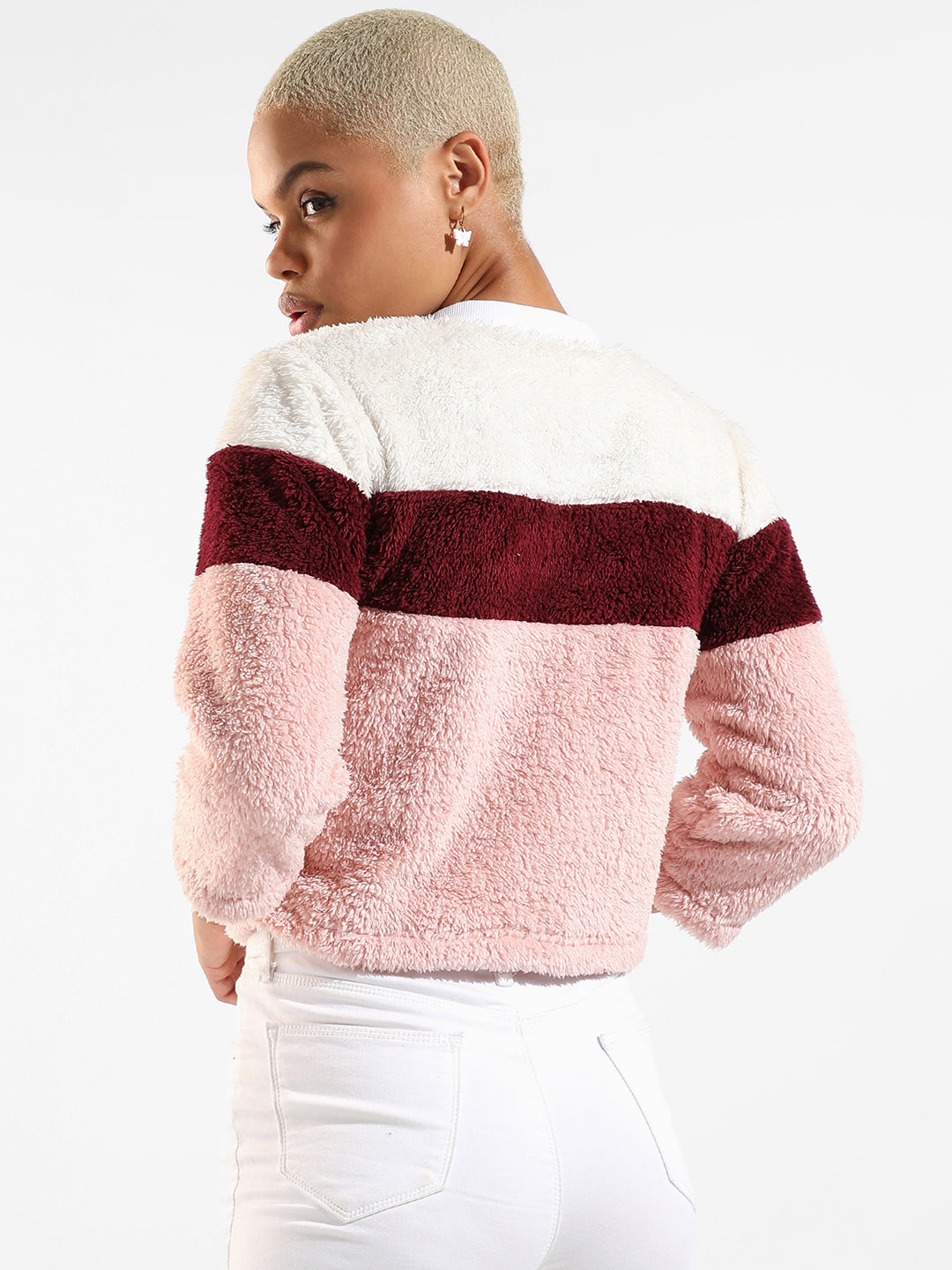 Cotton Pink Colour-Blocked Regular Fit Cropped Zipper Sweatshirt For Casual Wear