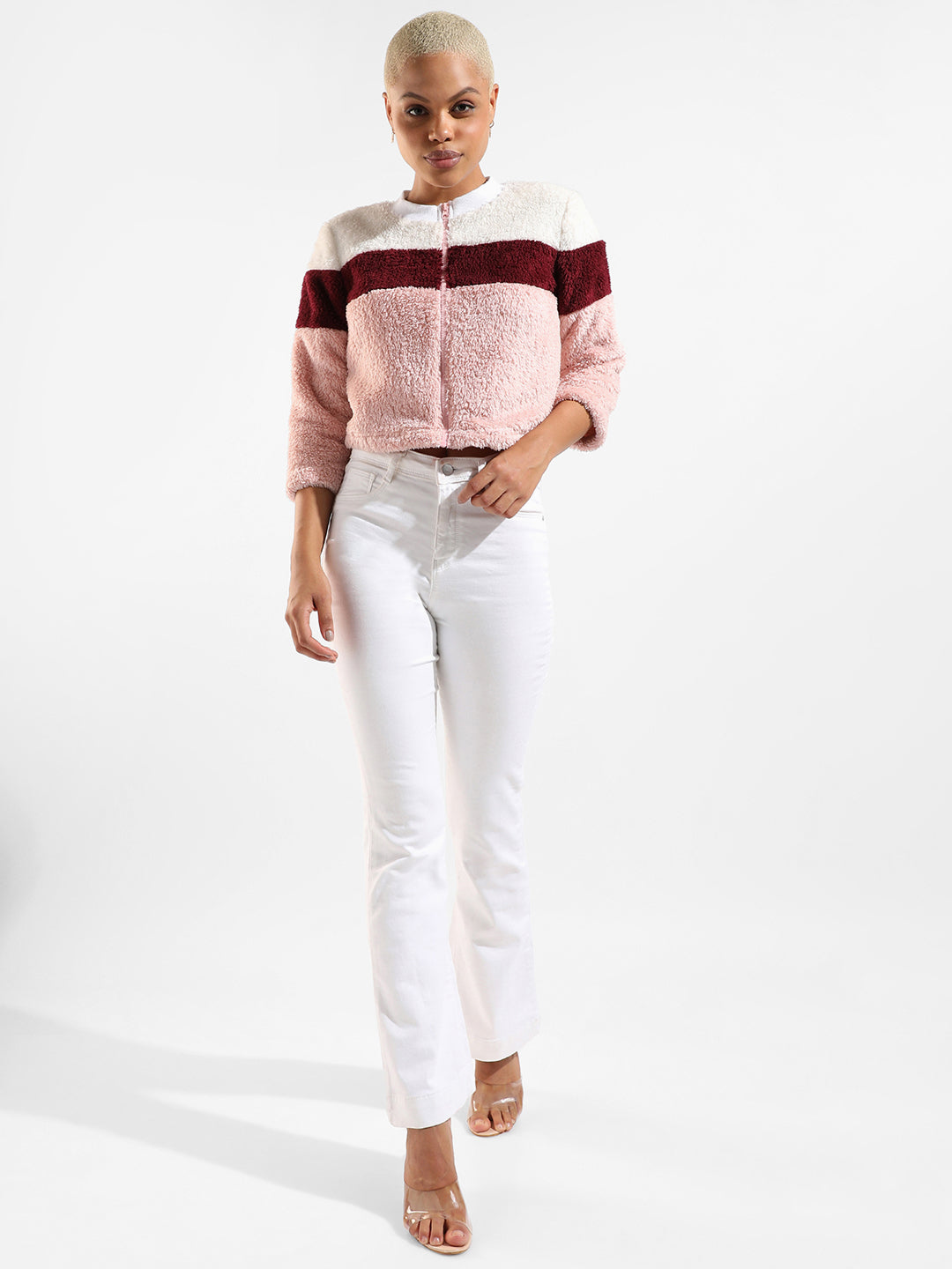 Cotton Pink Colour-Blocked Regular Fit Cropped Zipper Sweatshirt For Casual Wear