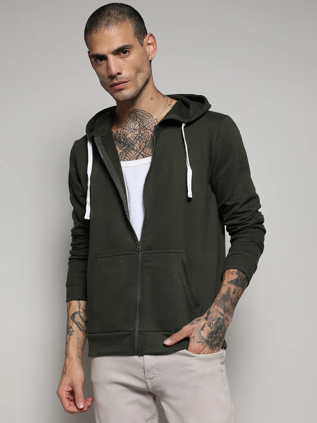 Zip-Front Hoodie With Contrast Drawstring