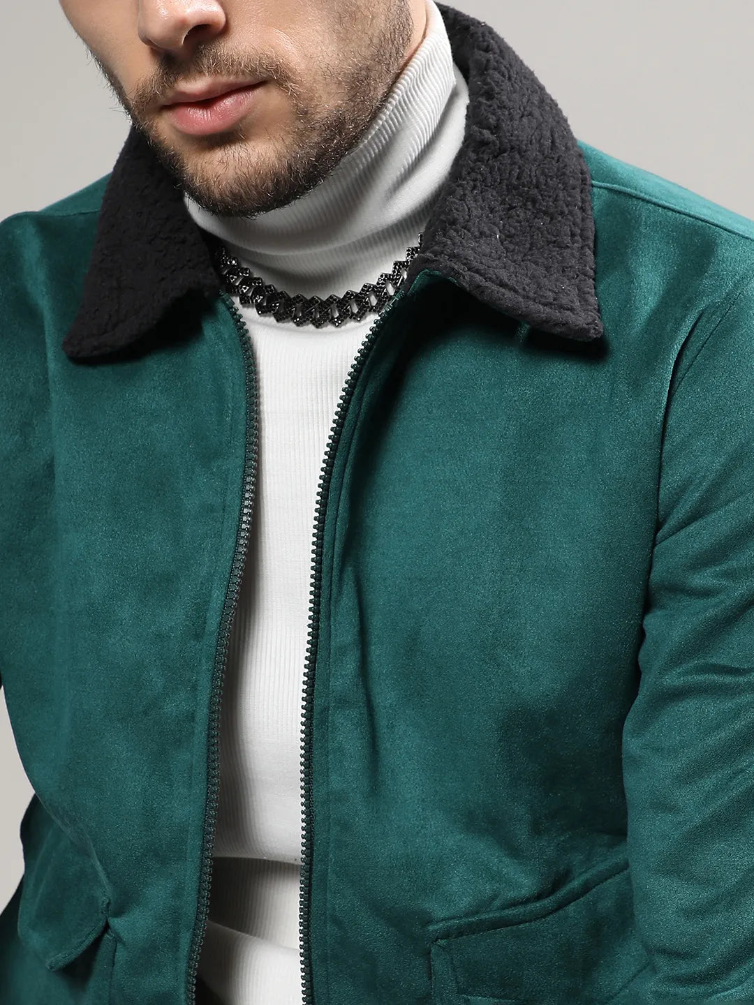 Forest Green Zip-Front Jacket With Fleece Collar