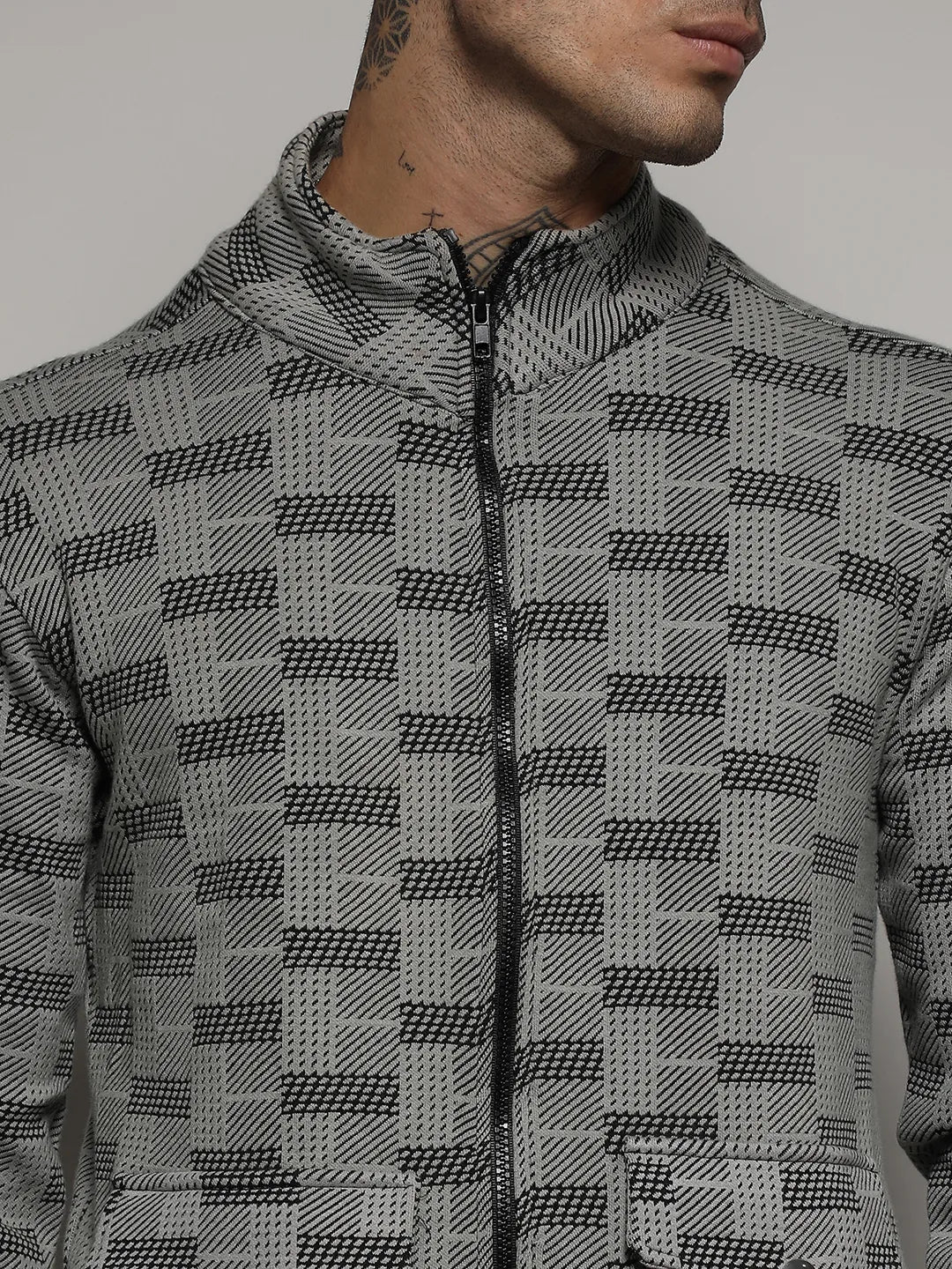 Grey Textured Jacket With Flap Pocket