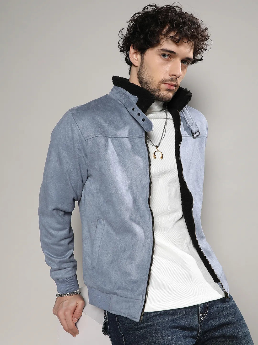 Fur-Lined Suede Bomber Jacket