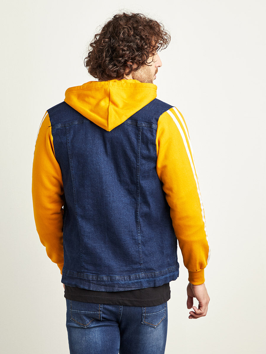 Medium-Wash Denim Jacket With Sweatshirt Sleeve