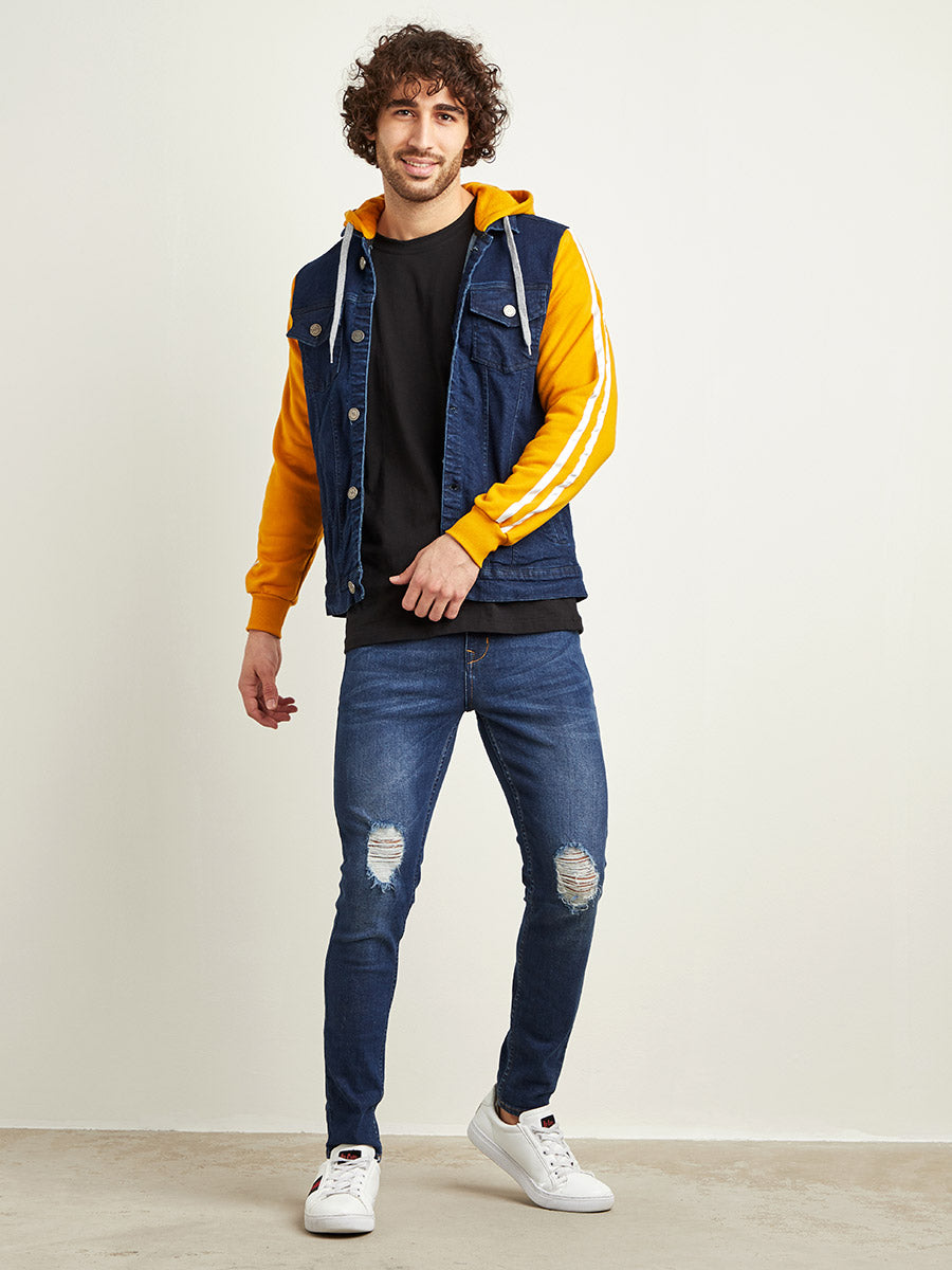 Medium-Wash Denim Jacket With Sweatshirt Sleeve