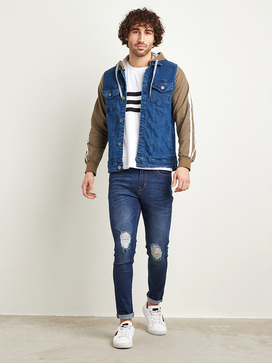 Medium-Wash Denim Jacket With Sweatshirt Sleeve