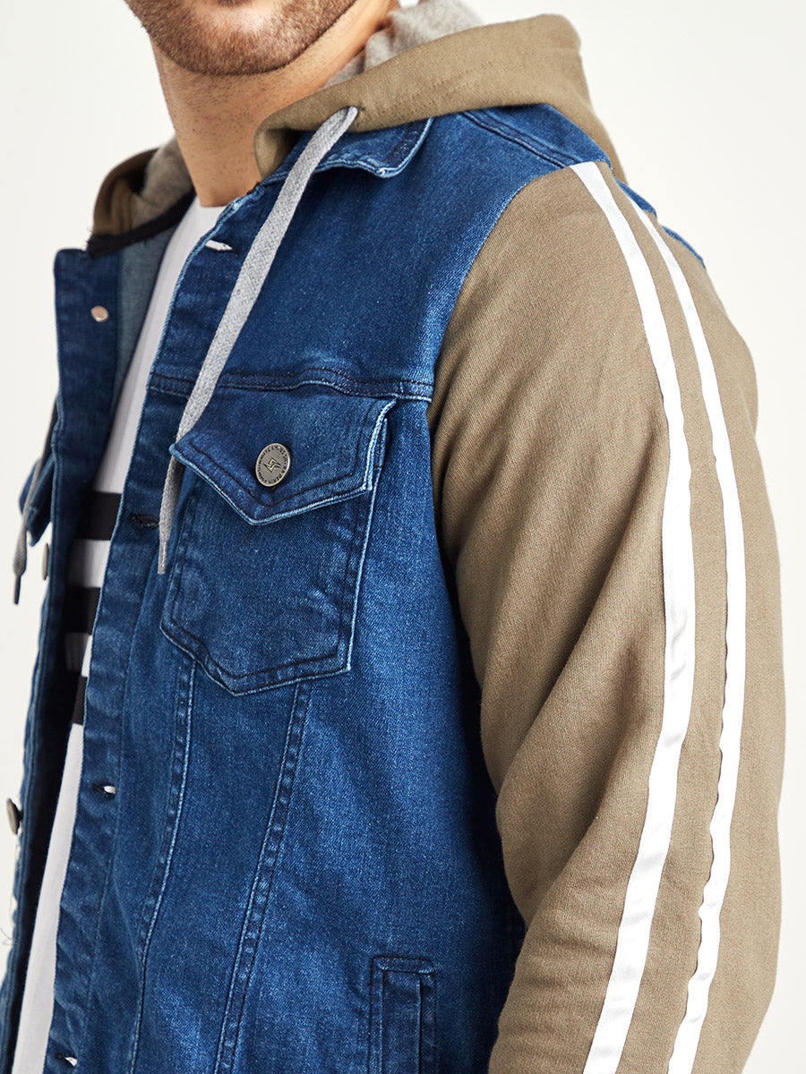 Medium-Wash Denim Jacket With Sweatshirt Sleeve