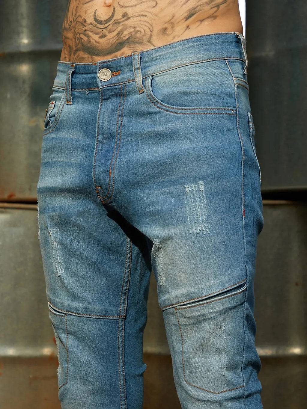 Light Blue Self-Design Patched Denim Jeans
