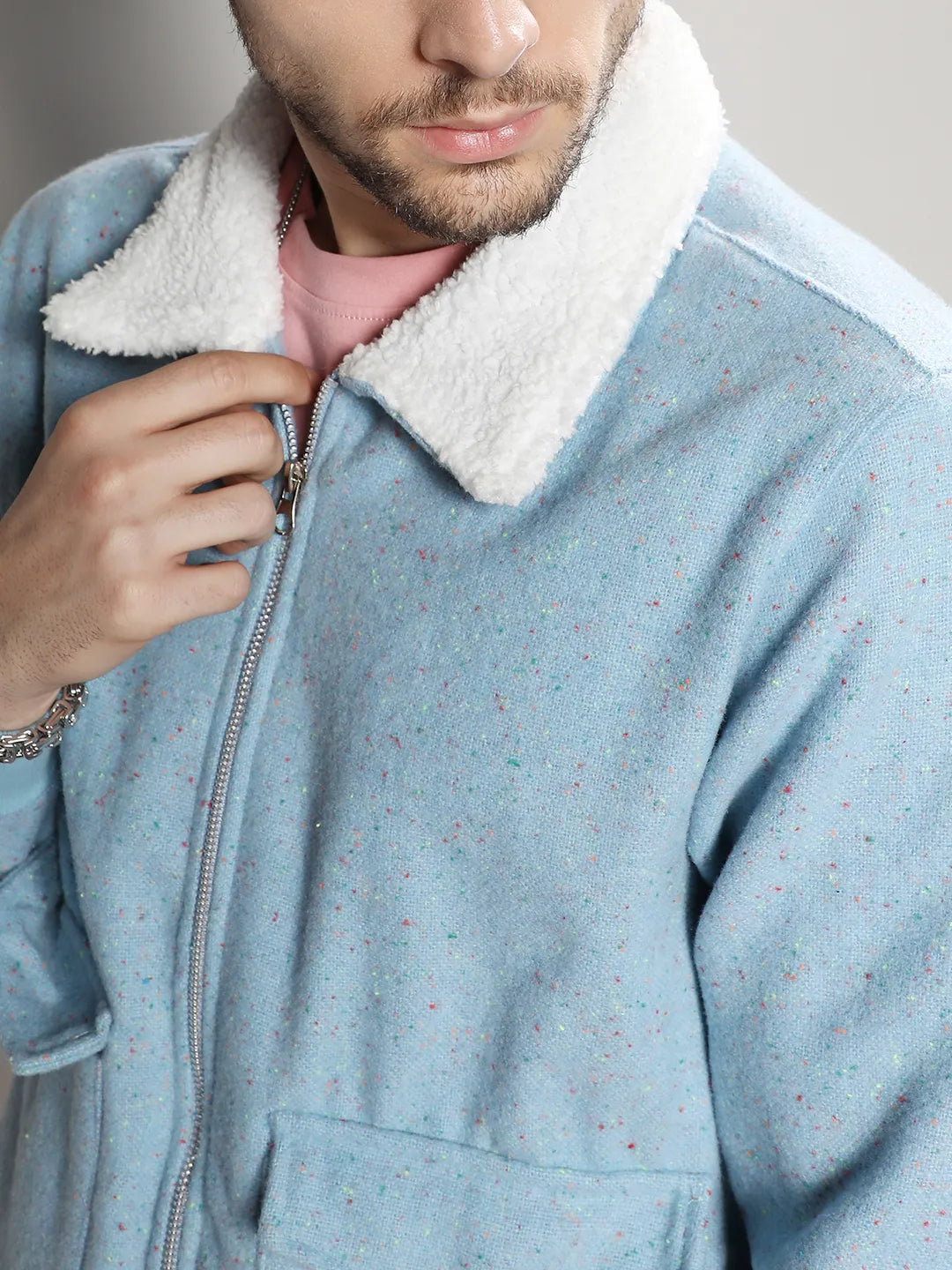 Light Blue Zip-Front Jacket With Fleece Collar