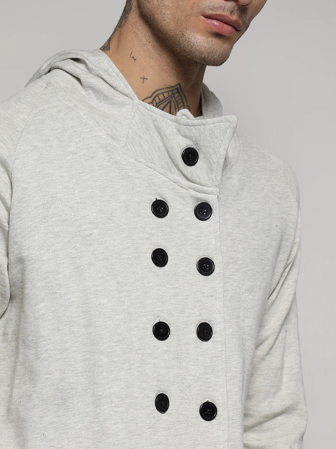 Light Grey Double-Breasted Jacket With Hoodie