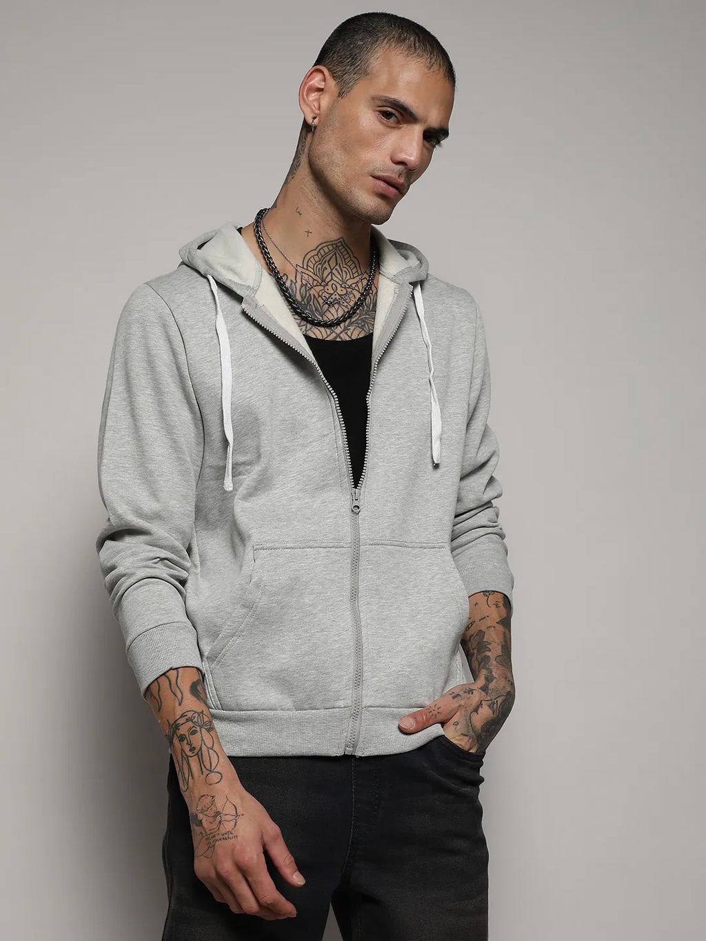Zip-Front Hoodie With Contrast Drawstring