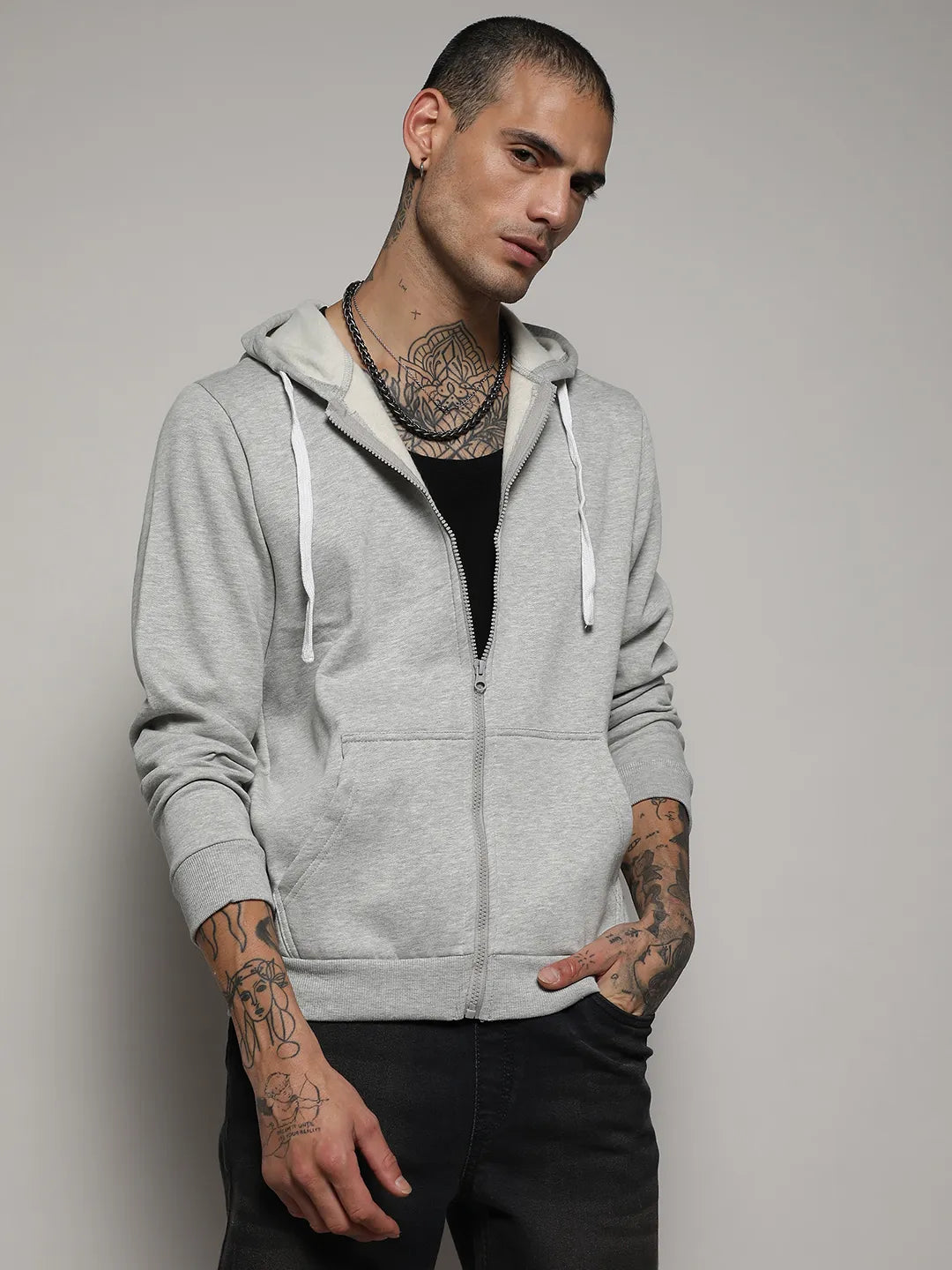 Zip-Front Hoodie With Contrast Drawstring