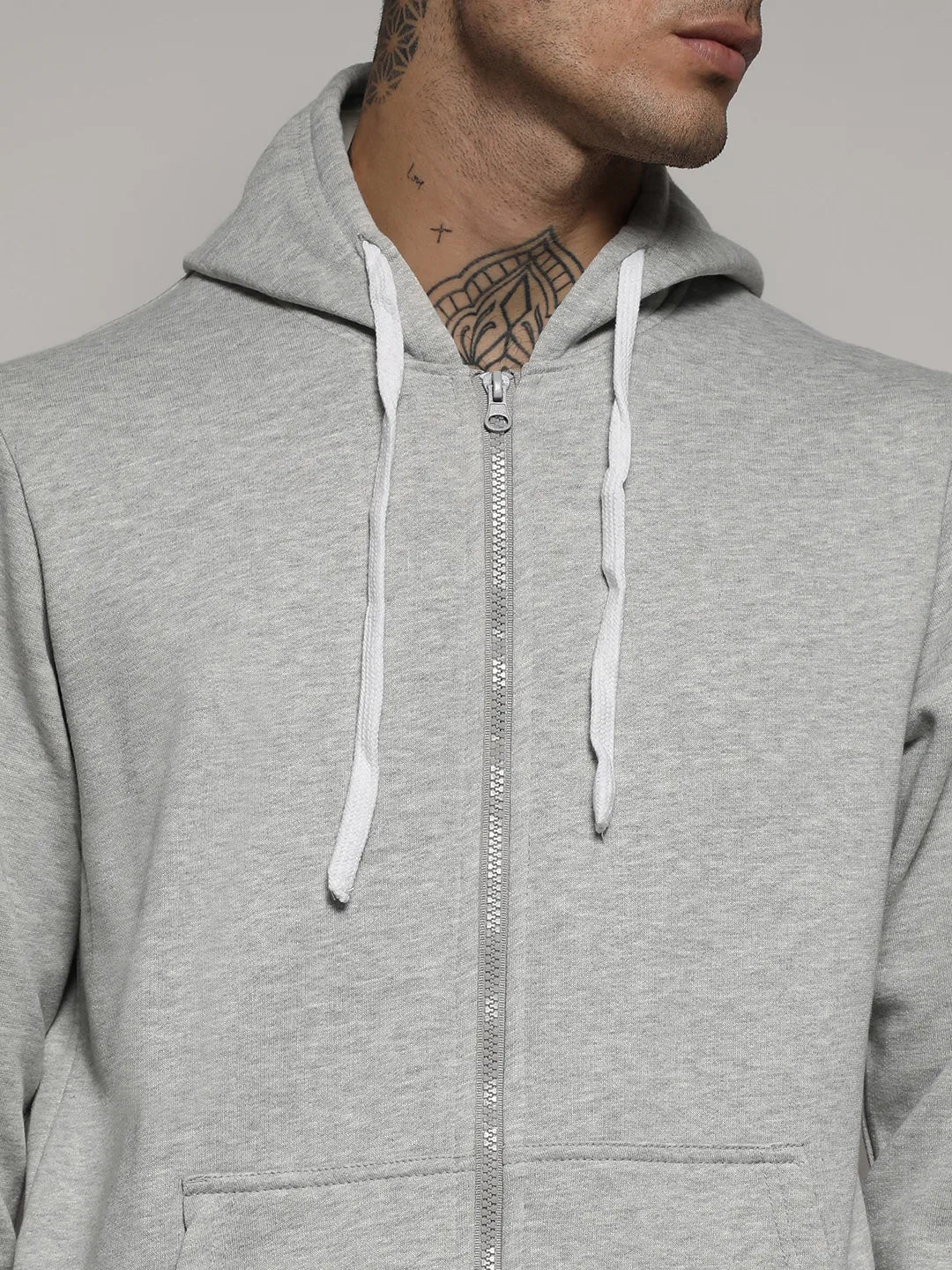 Light Grey Zip-Front Hoodie With Contrast Drawstring